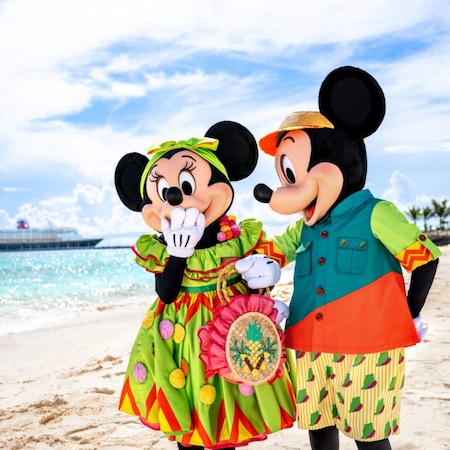 Minnie Mouse and Mickey Mouse wear tropical vacation clothing at the beach