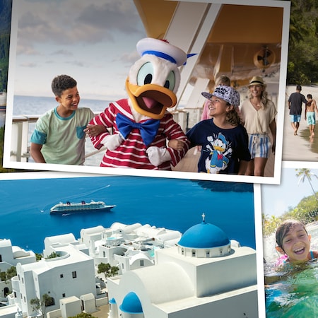 A montage of vacation photos featuring Donald Duck walking with 2 children and a Disney cruise ship sailing near a Greek village