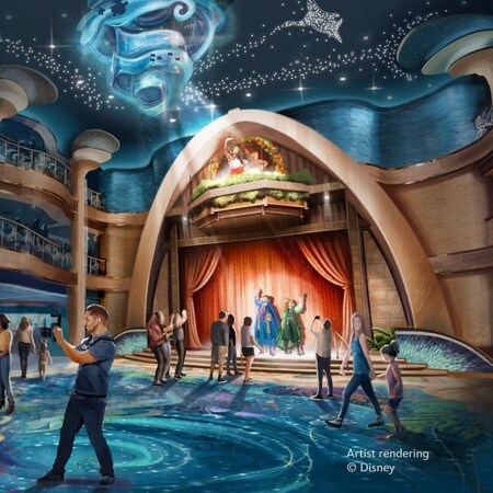 Artist conceptual rendering of Guests taking photos and walking through the Grand Hall near a stage aboard the Disney Believe cruise ship