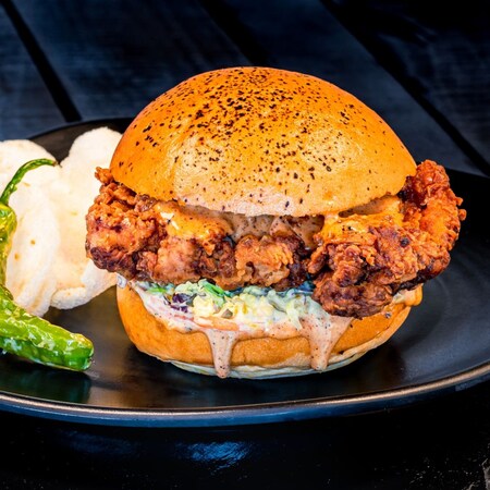 A plate with Karaage Chicken Sandwich from Lucky Fortune Cookery