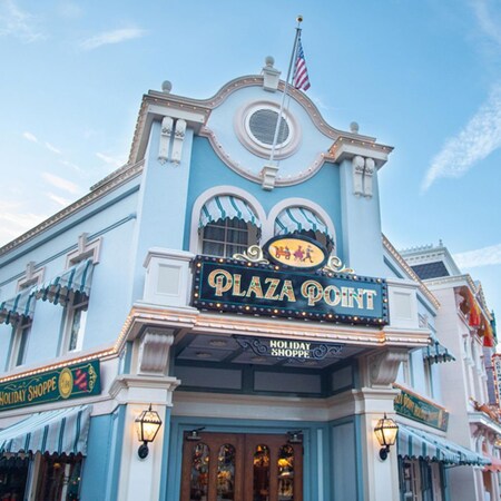 An outside view of the Plaza Point shop located on Main Street, USA at Disneyland Park.