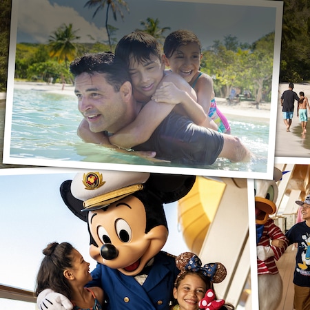 A montage of family photos featuring a dad and his 2 daughters in the waters of a beach and posing with Captain Mickey Mouse on a Disney ship