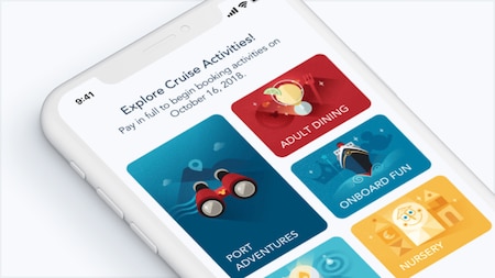 A smart phone with the words Explore Cruise Activities and a selection of choices that includes Port Adventures, Adult Dining and Onboard Activities