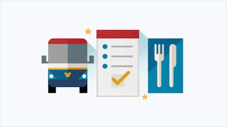 A graphic of a bus, a checklist and a fork and knife