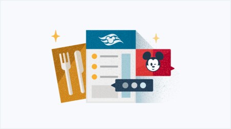 Una imagen de un tenedor y un cuchillo, una lista de verificación, una burbuja de mensaje de texto y un guiño de Mickey Mouse