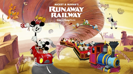 The words ‘Mickey and Minnie’s Runaway Railway Walt Disney World Resort’ over a tornado chasing Mickey, Minnie, Goofy and others