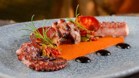 Grilled octopus paired with chorizo, salsa and sauces