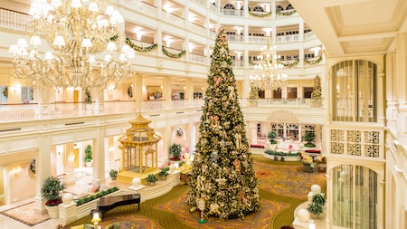 The stunning Christmas tree in the elegant lobby of Disneys Grand Floridian Resort and Spa