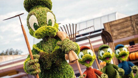 Topiaries of Donald Duck, Huey, Dewey and Louie holding gardening supplies 