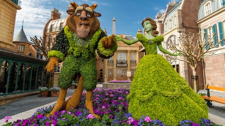 A flower garden, designed to look like Belle and the Beast holding hands