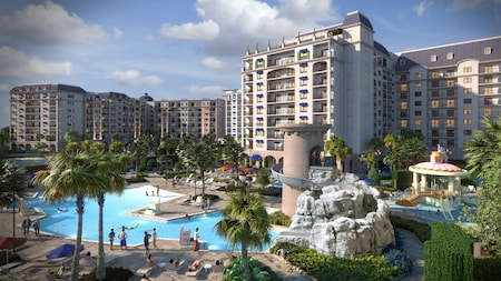 An enormous Resort swimming pool with a water slide that winds down from a tower