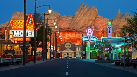 The main road in the middle of Radiator Springs at Disney California Adventure Park