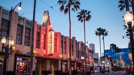 At Hollywood Land, Buena Vista Street lit up at night. 