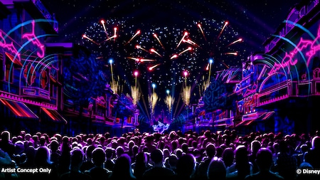 An illustration of a large crowd watching fireworks and a light show on Main Street