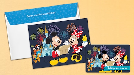 A Disney Gift Card featuring Mickey and Minnie with an envelope carrier that says Open a world of possibilities on the flap