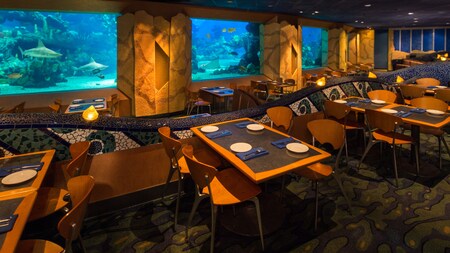 Rows of tables at Coral Reef Restaurant alongside a bank of aquarium windows