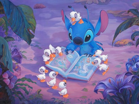 An illustration of Stitch reading a storybook to 8 ducklings in a lush jungle setting