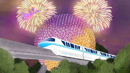 A painting of the Monorail passing in front of Spaceship Earth as fireworks burst overhead