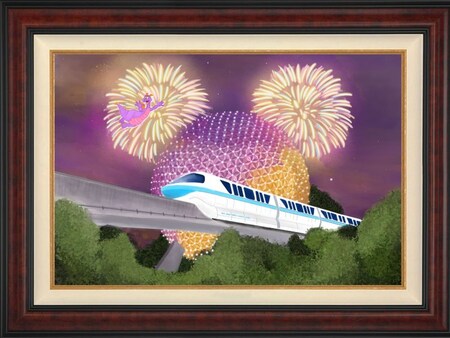 A painting of the Monorail passing in front of Spaceship Earth as fireworks burst overhead