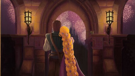 A painting of Rapunzel and Prince Charming watching fireworks from a castle