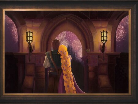 A painting of Rapunzel and Prince Charming watching fireworks from a castle