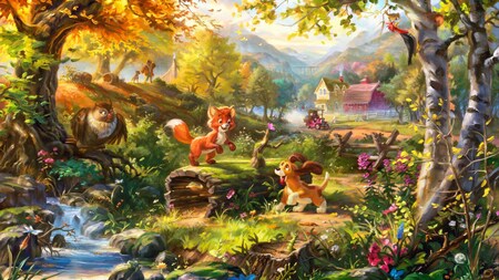 A painting of Fox and the Hound surrounded by lush foliage