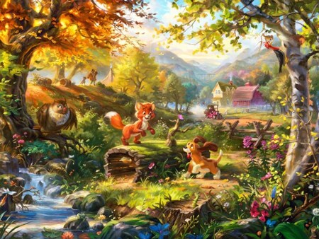 A painting of Fox and the Hound surrounded by lush foliage