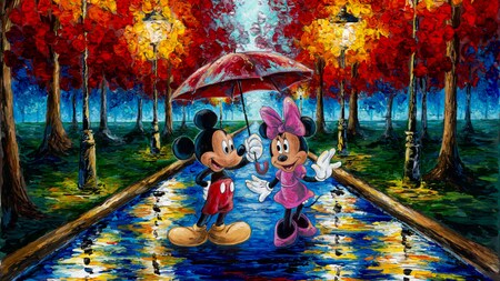 A painting of Mickey Mouse and Minnie Mouse standing under an umbrella on a street lined with illuminated lamp posts