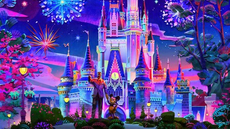 A painting of Cinderella Castle with fireworks bursting above