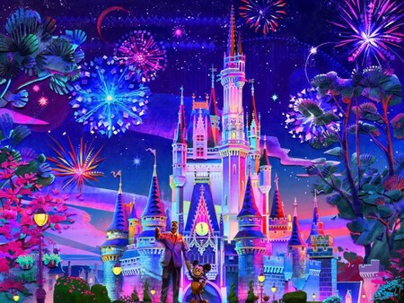 A painting of Cinderella Castle with fireworks bursting above