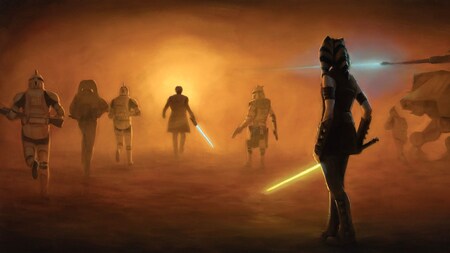 A painting inspired by Star Wars with stormtroopers walking into the fog