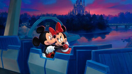 A painting of Mickey Mouse and Minnie Mouse with their arms around each other while riding Tomorrowland Transit Authority PeopleMover