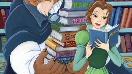 A painting of Belle reading a book as the Beast balances a stack of books