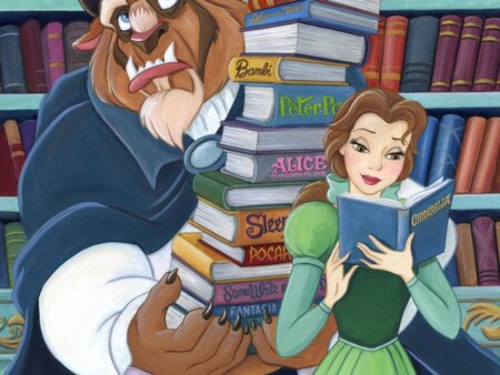 A painting of Belle reading a book as the Beast balances a stack of books