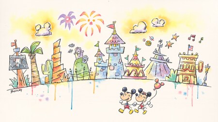 An artist sketch of Mickey and Minnie Mouse walking by several Magic Kingdom park experiences, including Cinderella Castle, Haunted Mansion and Space Mountain