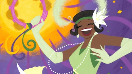 A painting featuring Princess Tiana dressed in a 1920s flapper dress, holding a tambourine