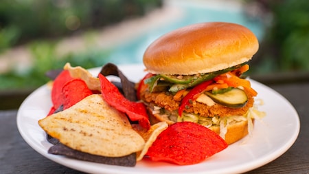 A chicken sandwich topped with pickles and other veggies served on a plate with chips
