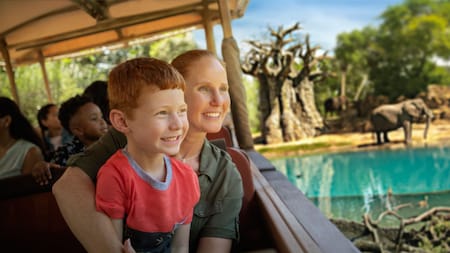 A mother holds her young son as they look at animals while on Kilimanjaro Safaris at Disney’s Animal Kingdom theme park