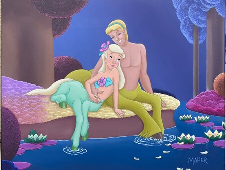 A painting of 2 characters seated by a lily pond, inspired by Fantasia