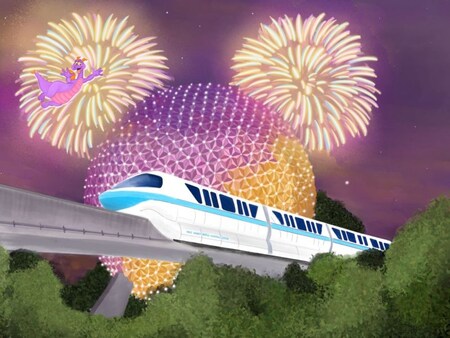 A painting of the Monorail passing in front of Spaceship Earth as fireworks burst overhead