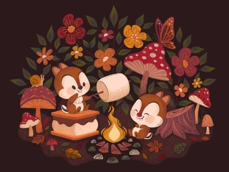 Artwork by Caley Hicks depicting Chip ‘n’ Dale roasting marshmallows over a campfire