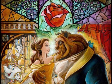 A painting of Belle and the Beast, with Belle reading by a fountain below