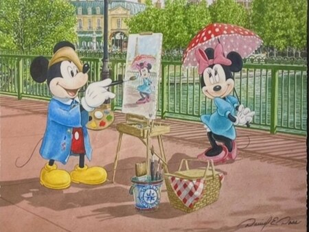 An illustration of Minnie Mouse posing near the France Pavilion in Epcot while Mickey paints a portrait of her