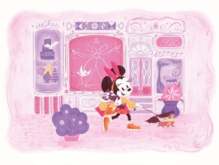 Artwork by Rosana Iarusso depicting Minnie Mouse strolling with Fifi and Figaro