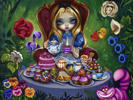 Artwork by Jasmine Becket Griffith depicting Alice pouring tea amidst a menagerie of desserts