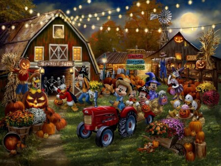 An illustration by Johanna Elizabeth depicting a farm decorated with pumpkins and fall decor as Mickey Mouse sits on a tractor
