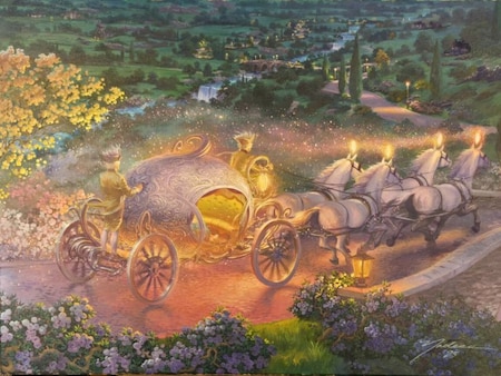 A painting showing Cinderella's glowing pumpkin coach led by 4 white horses and 2 attendants at twilight