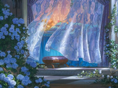 A painting of Aurora asleep on a bed surrounded by roses and billowing curtains from Sleeping Beauty