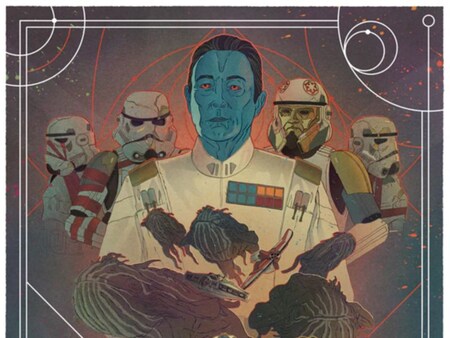 An illustrated poster for Star Wars: Ahsoka featuring Ahsoka Tano, Grand Admiral Thrawn and cast members
