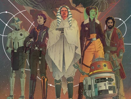 An illustrated poster of Star Wars Ahsoka featuring Ahsoka Tano, Grand Admiral Thrawn and other characters